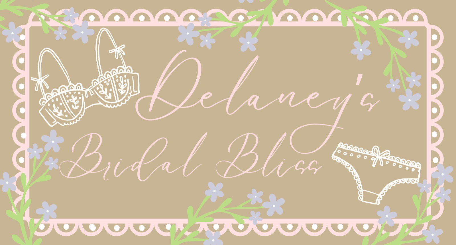 Blush and lavender lingerie shower banner with a scalloped border, reading Delaney's Bridal Bliss