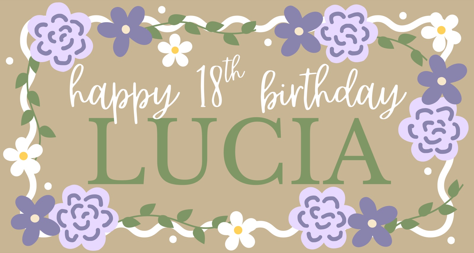 Purple floral banner reading Happy 18th Birthday Lucia